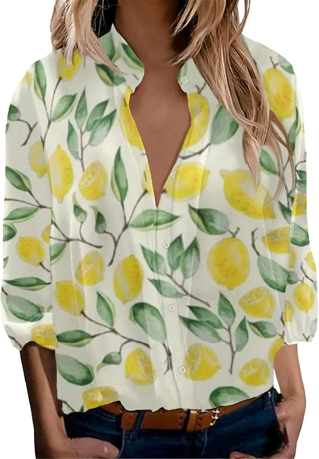 Coloranimal Women's Casual Long Sleeve Shirts Button Up V-Neck Blouse Tunic Tops Size S-5XL