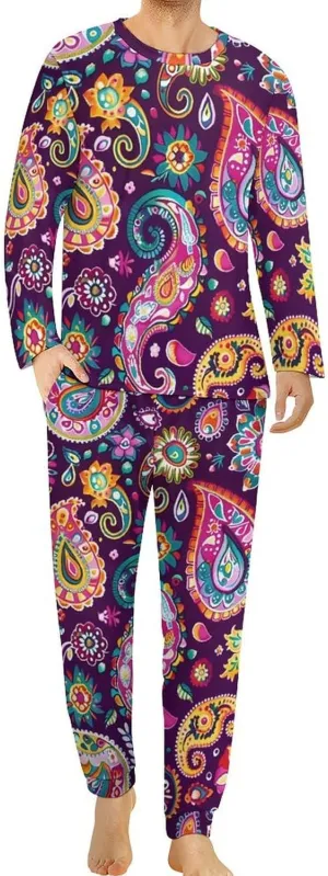 Colorful Paisley Flowers Men's Pajama Set Casual Sleepwear Pjs Set Comfy Loungewear Soft Long Sleeve Shirts And Pants