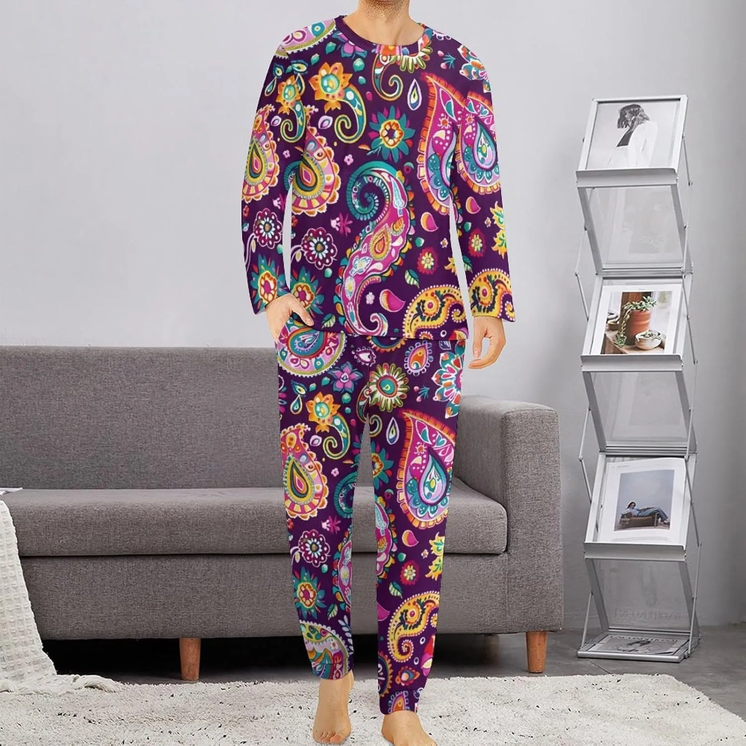 Colorful Paisley Flowers Men's Pajama Set Casual Sleepwear Pjs Set Comfy Loungewear Soft Long Sleeve Shirts And Pants