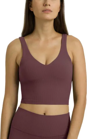 Colorfulkoala Women's Dreamlux Ribbed V-Neck Workout Tank Top with Built-in Shelf Bra Padded Cropped Yoga Shirts