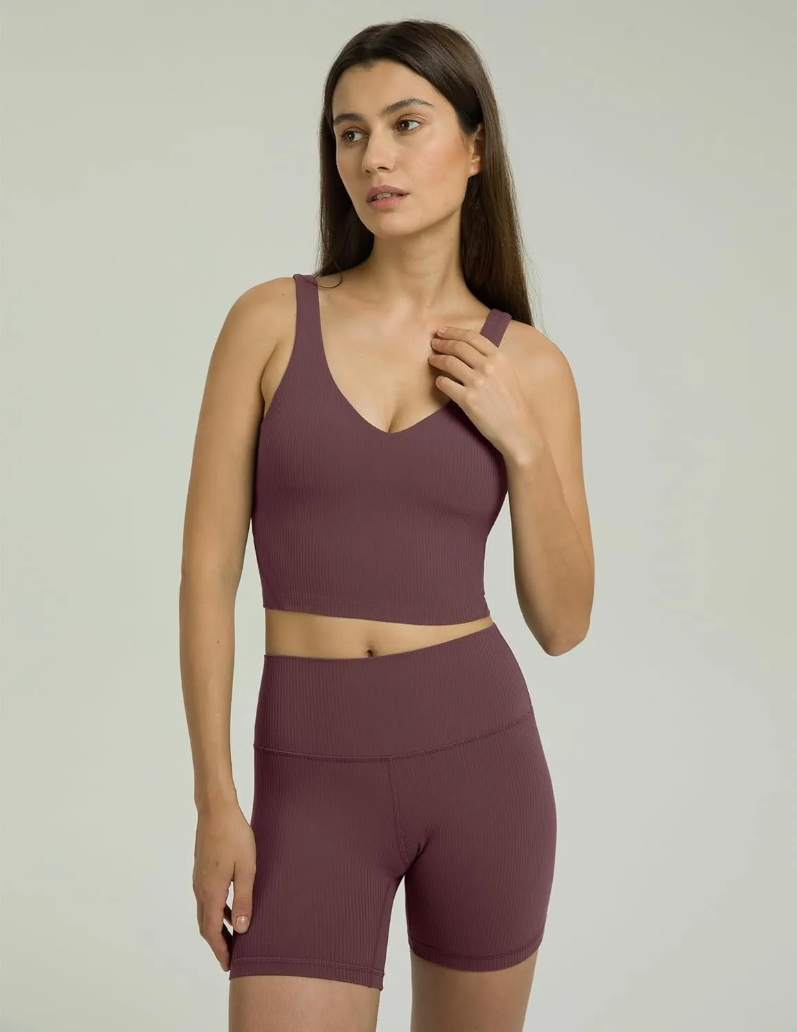 Colorfulkoala Women's Dreamlux Ribbed V-Neck Workout Tank Top with Built-in Shelf Bra Padded Cropped Yoga Shirts