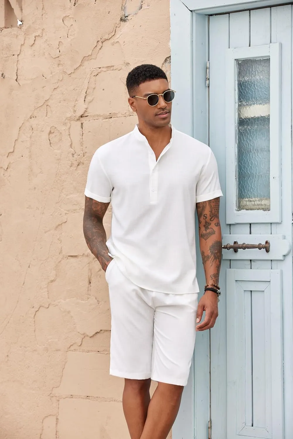 COOFANDY Men's 2 Pieces Set Short Sleeve Henley Shirts and Shorts Pants Texture Summer Beach Vacation Outfits