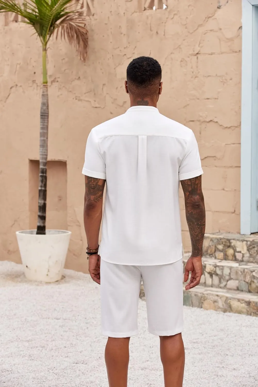 COOFANDY Men's 2 Pieces Set Short Sleeve Henley Shirts and Shorts Pants Texture Summer Beach Vacation Outfits