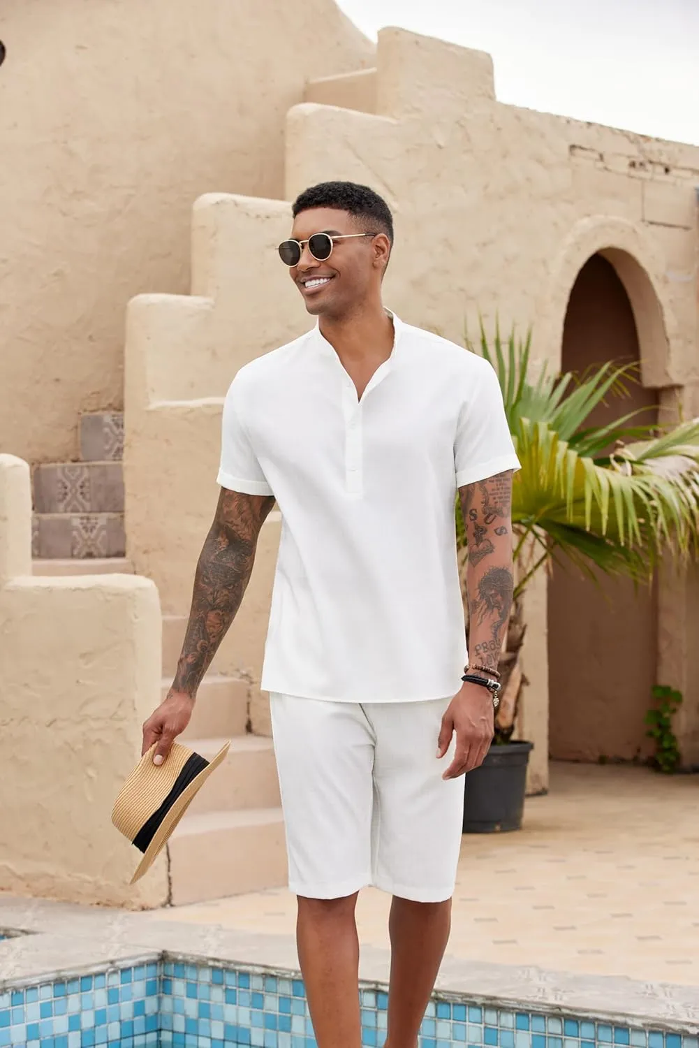 COOFANDY Men's 2 Pieces Set Short Sleeve Henley Shirts and Shorts Pants Texture Summer Beach Vacation Outfits