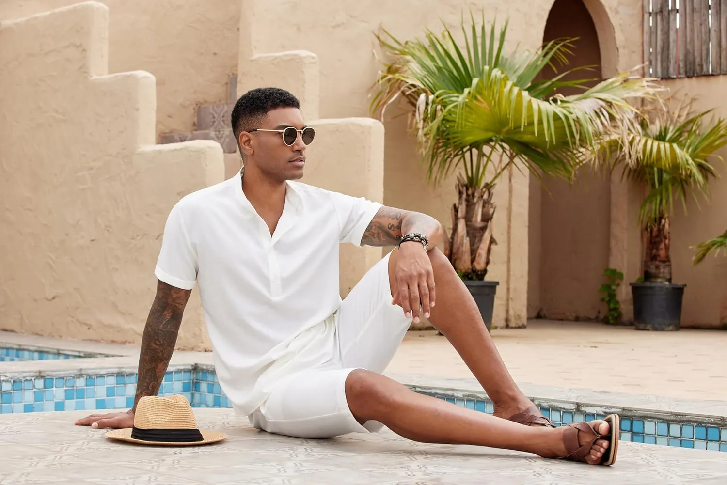 COOFANDY Men's 2 Pieces Set Short Sleeve Henley Shirts and Shorts Pants Texture Summer Beach Vacation Outfits
