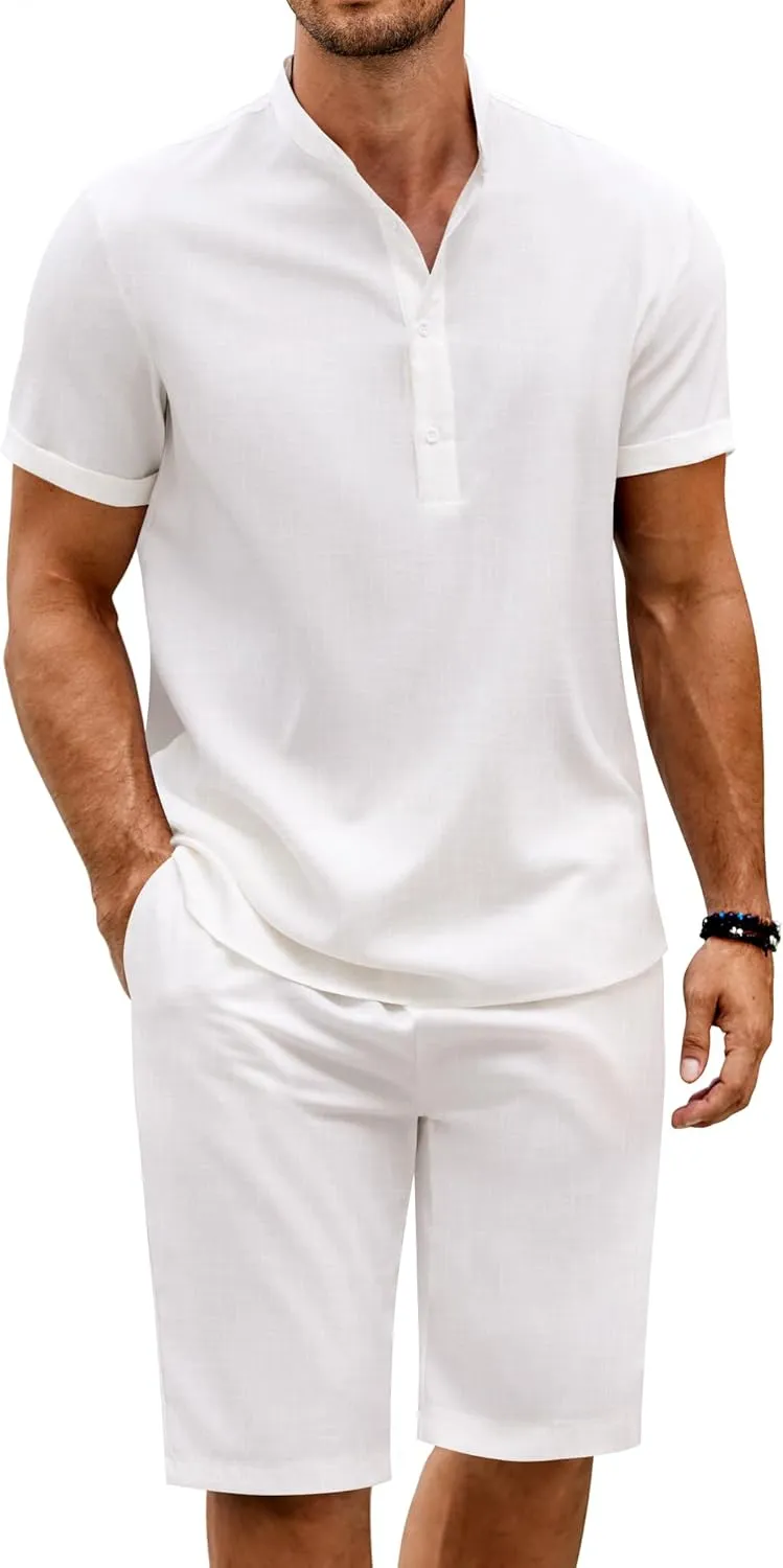 COOFANDY Men's 2 Pieces Set Short Sleeve Henley Shirts and Shorts Pants Texture Summer Beach Vacation Outfits