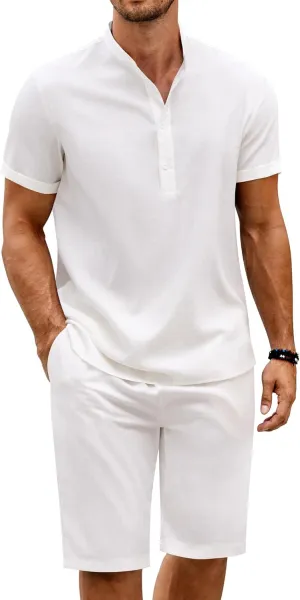 COOFANDY Men's 2 Pieces Set Short Sleeve Henley Shirts and Shorts Pants Texture Summer Beach Vacation Outfits
