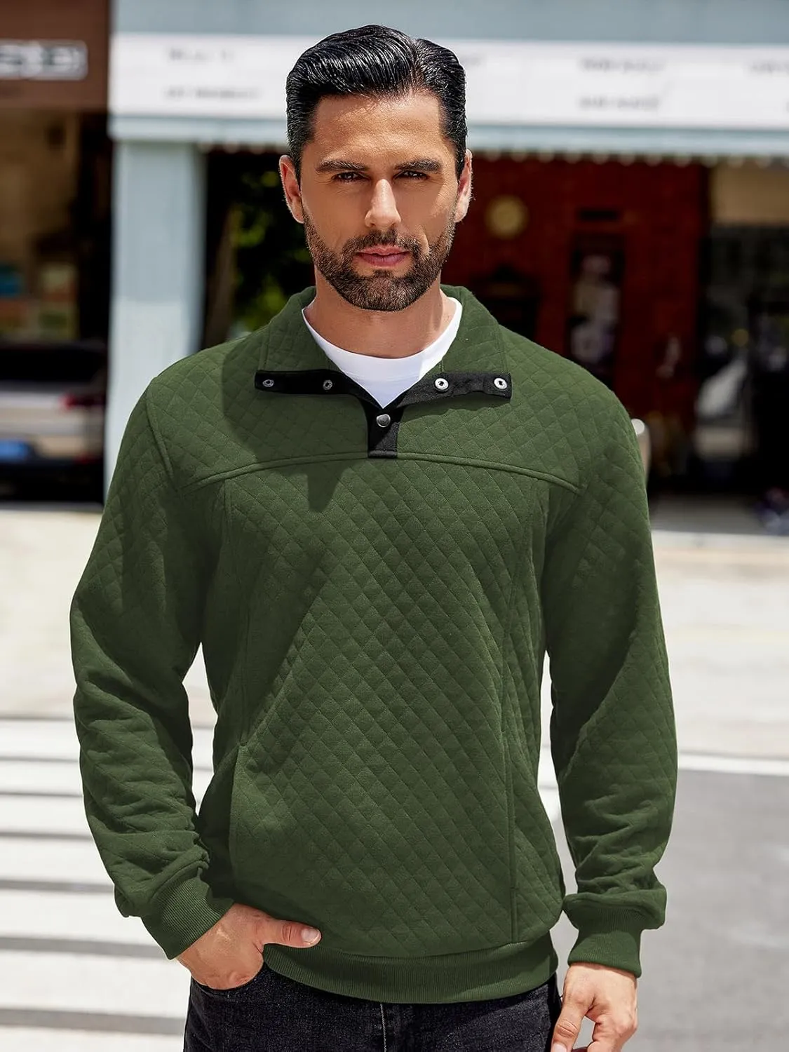 COOFANDY Mens Quarter Sweatshirt Quilted Long Sleeve Mock Neck Active Sweater Waffle Pullover Polo Shirts With Pockets