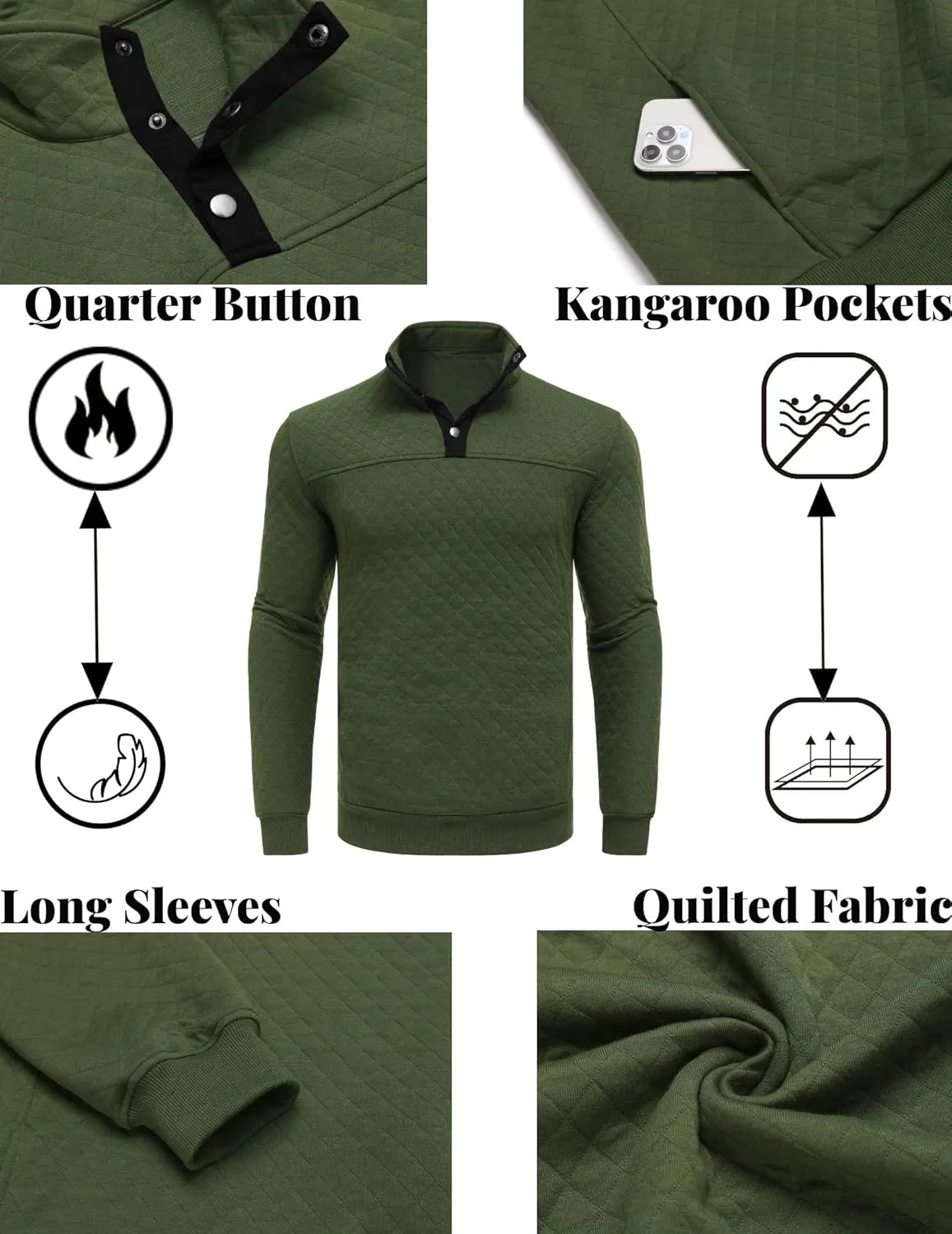 COOFANDY Mens Quarter Sweatshirt Quilted Long Sleeve Mock Neck Active Sweater Waffle Pullover Polo Shirts With Pockets