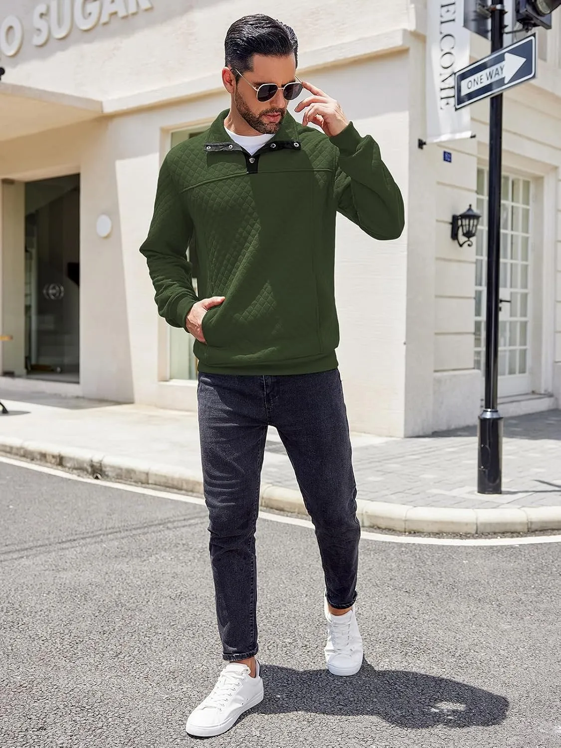 COOFANDY Mens Quarter Sweatshirt Quilted Long Sleeve Mock Neck Active Sweater Waffle Pullover Polo Shirts With Pockets