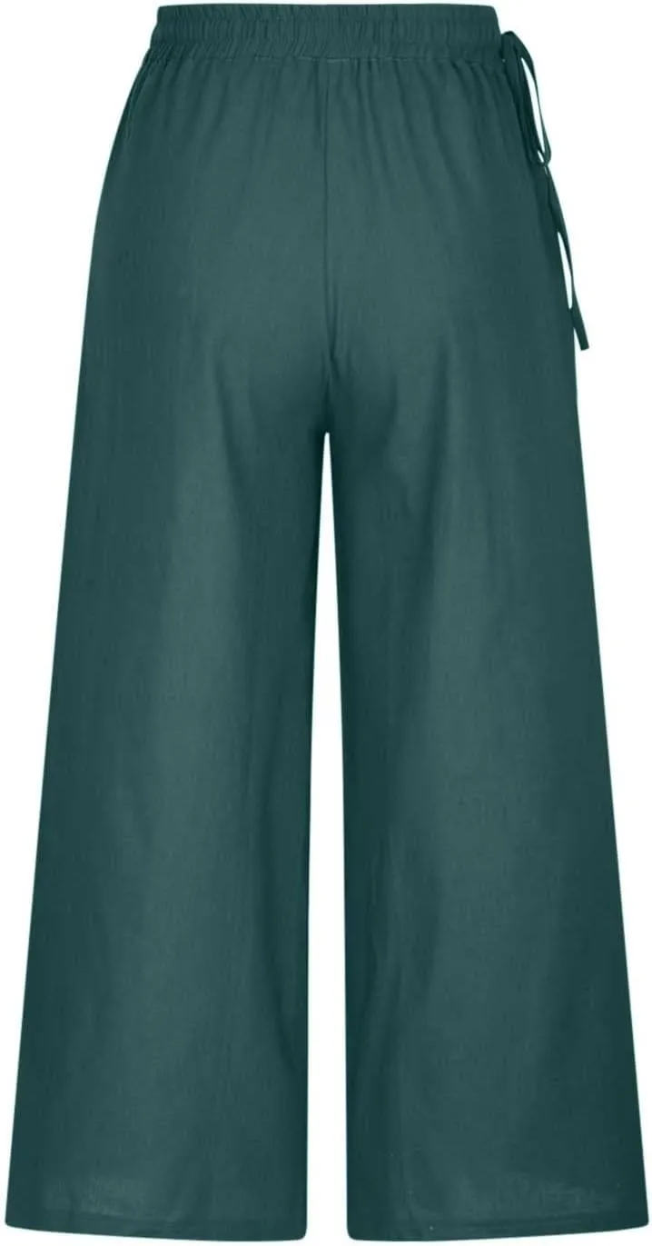 Cotton Linen Long Pants for Women Baggy High Waist Trousers Solid Gaucho Pant Boho Travel Beach Vacation Outfit 2025