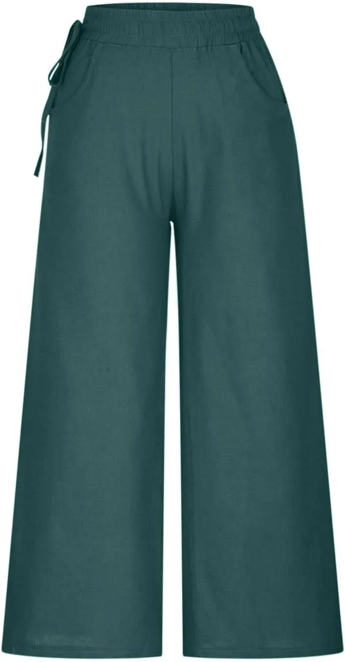 Cotton Linen Long Pants for Women Baggy High Waist Trousers Solid Gaucho Pant Boho Travel Beach Vacation Outfit 2025