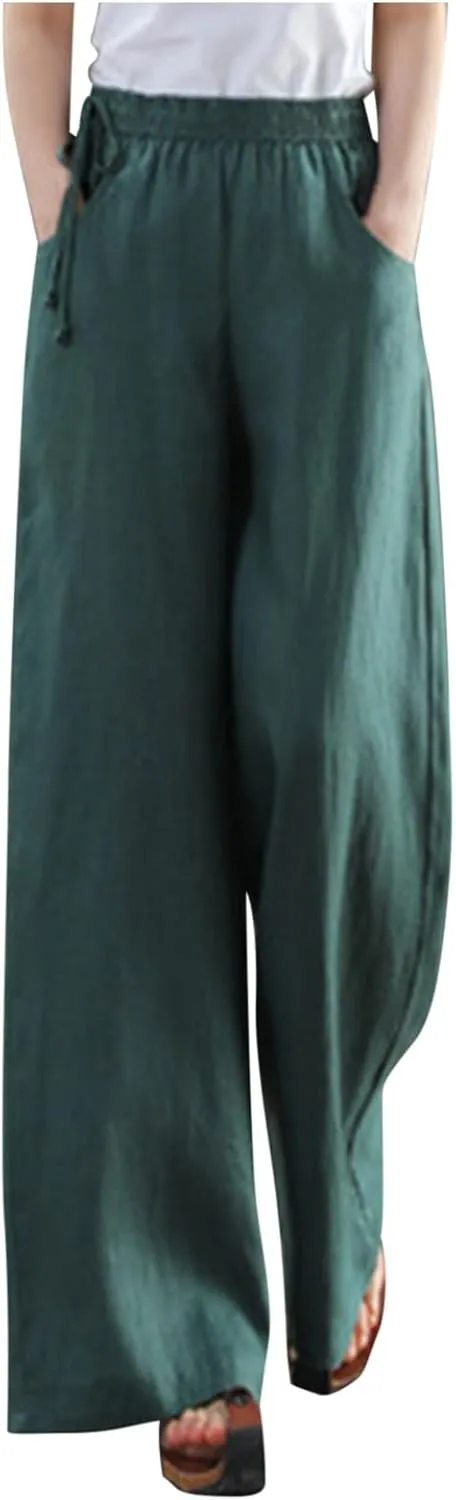 Cotton Linen Long Pants for Women Baggy High Waist Trousers Solid Gaucho Pant Boho Travel Beach Vacation Outfit 2025