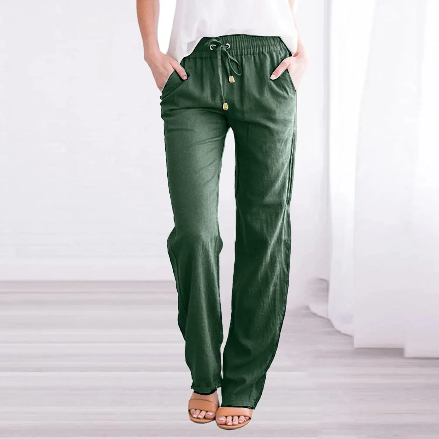Cotton Linen Pants for Women 2025 Straight Leg Drawstring Long Trouser Loose High Waist Beach Pant with Pockets