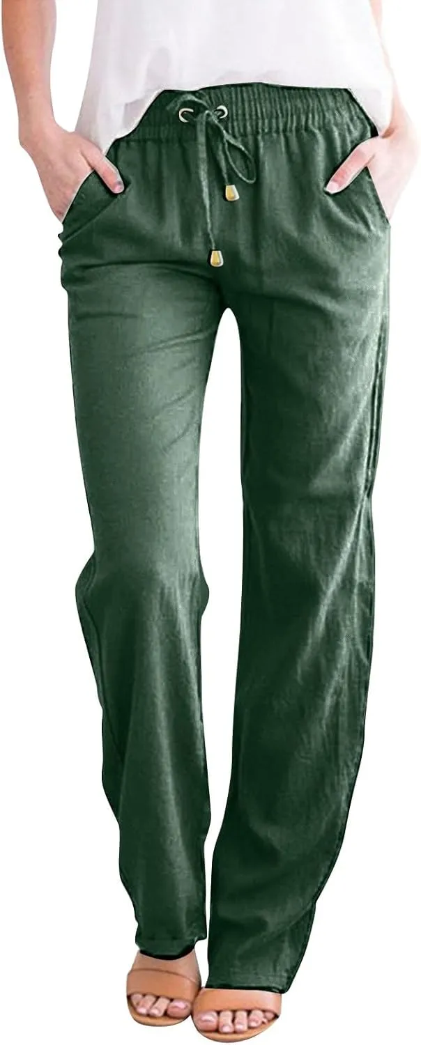 Cotton Linen Pants for Women 2025 Straight Leg Drawstring Long Trouser Loose High Waist Beach Pant with Pockets