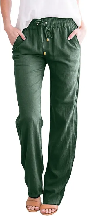 Cotton Linen Pants for Women 2025 Straight Leg Drawstring Long Trouser Loose High Waist Beach Pant with Pockets