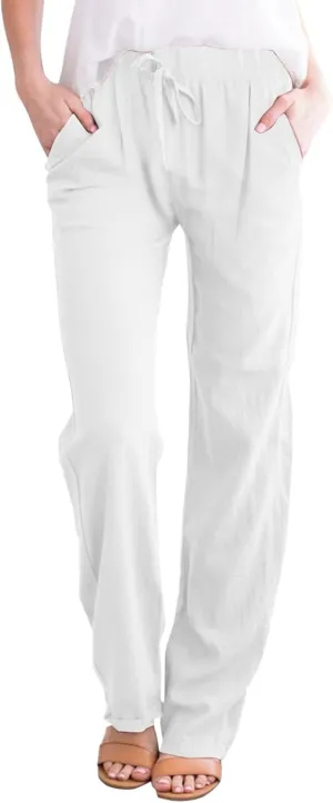 Cotton Linen Pants for Women Capri Plus Size Wide Leg Loose Fit Sweatpants Summer Cropped Elastic Waist Trousers