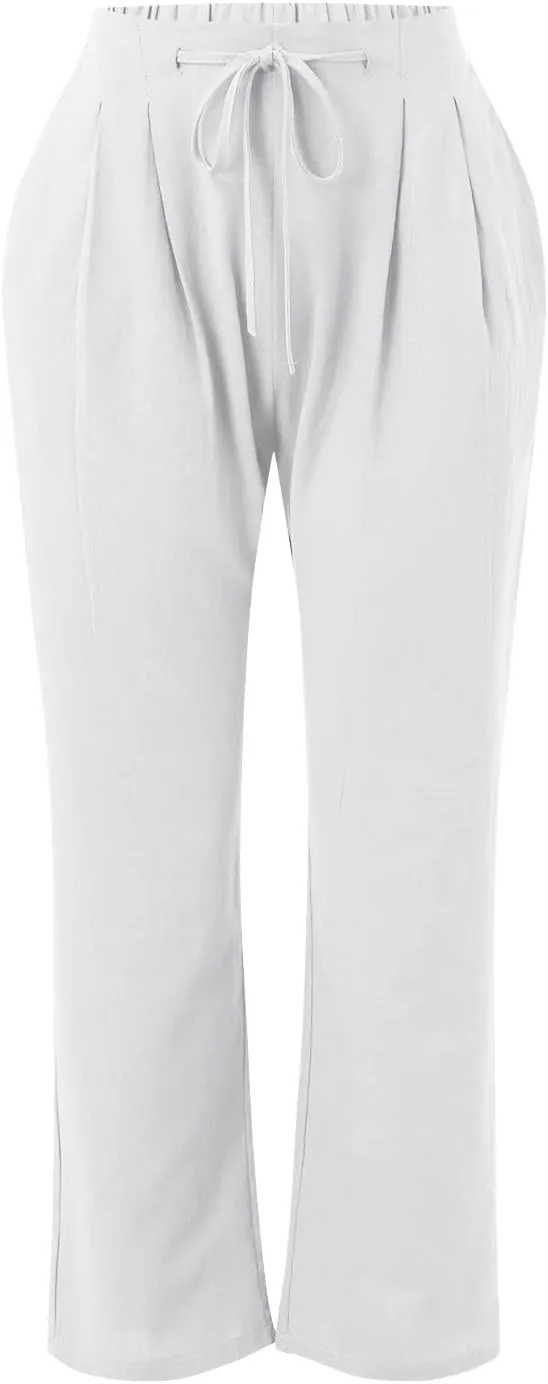 Cotton Linen Pants for Women Capri Plus Size Wide Leg Loose Fit Sweatpants Summer Cropped Elastic Waist Trousers