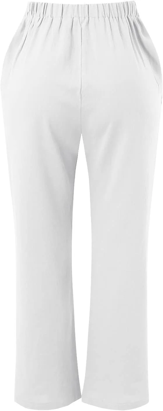 Cotton Linen Pants for Women Capri Plus Size Wide Leg Loose Fit Sweatpants Summer Cropped Elastic Waist Trousers
