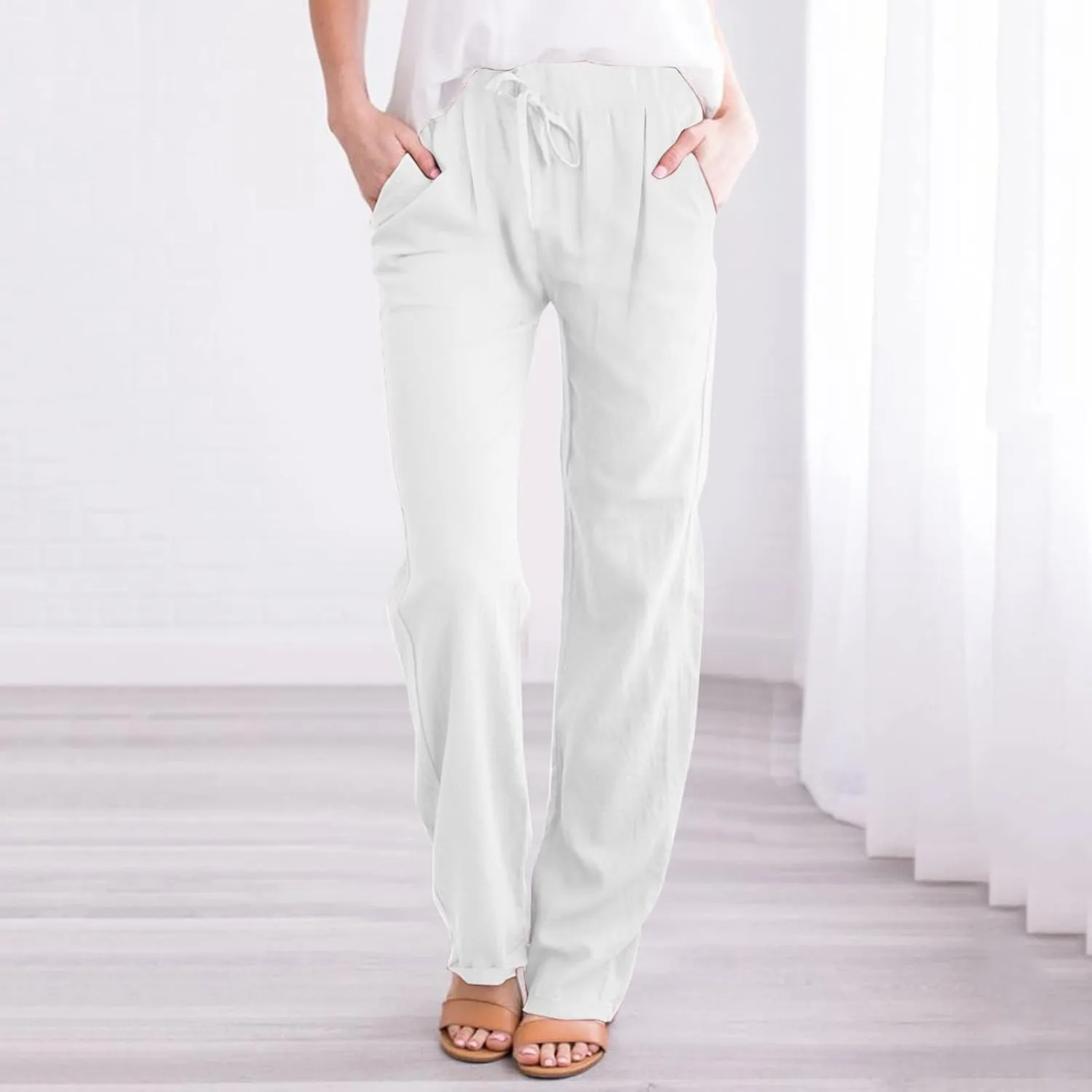 Cotton Linen Pants for Women Capri Plus Size Wide Leg Loose Fit Sweatpants Summer Cropped Elastic Waist Trousers