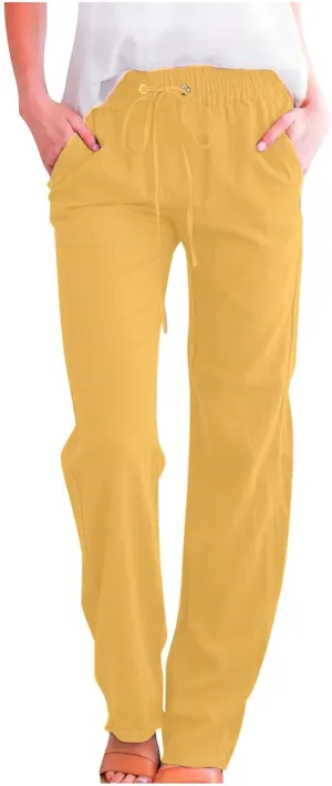 Cotton Linen Pants for Women Drawstring Straight Leg Trousers Lightweight High Waist Casual Pant Beach Travel Clothes