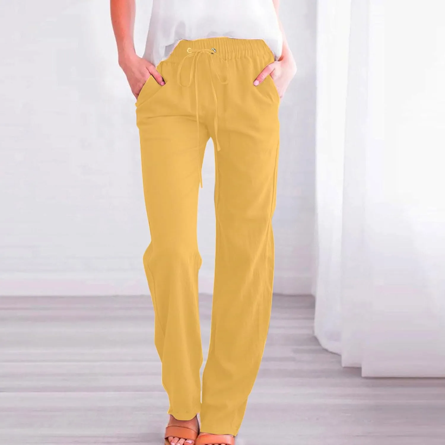 Cotton Linen Pants for Women Drawstring Straight Leg Trousers Lightweight High Waist Casual Pant Beach Travel Clothes
