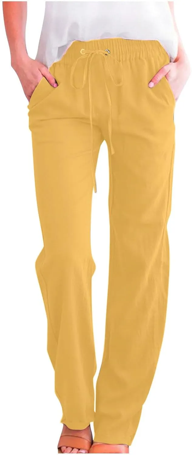 Cotton Linen Pants for Women Drawstring Straight Leg Trousers Lightweight High Waist Casual Pant Beach Travel Clothes