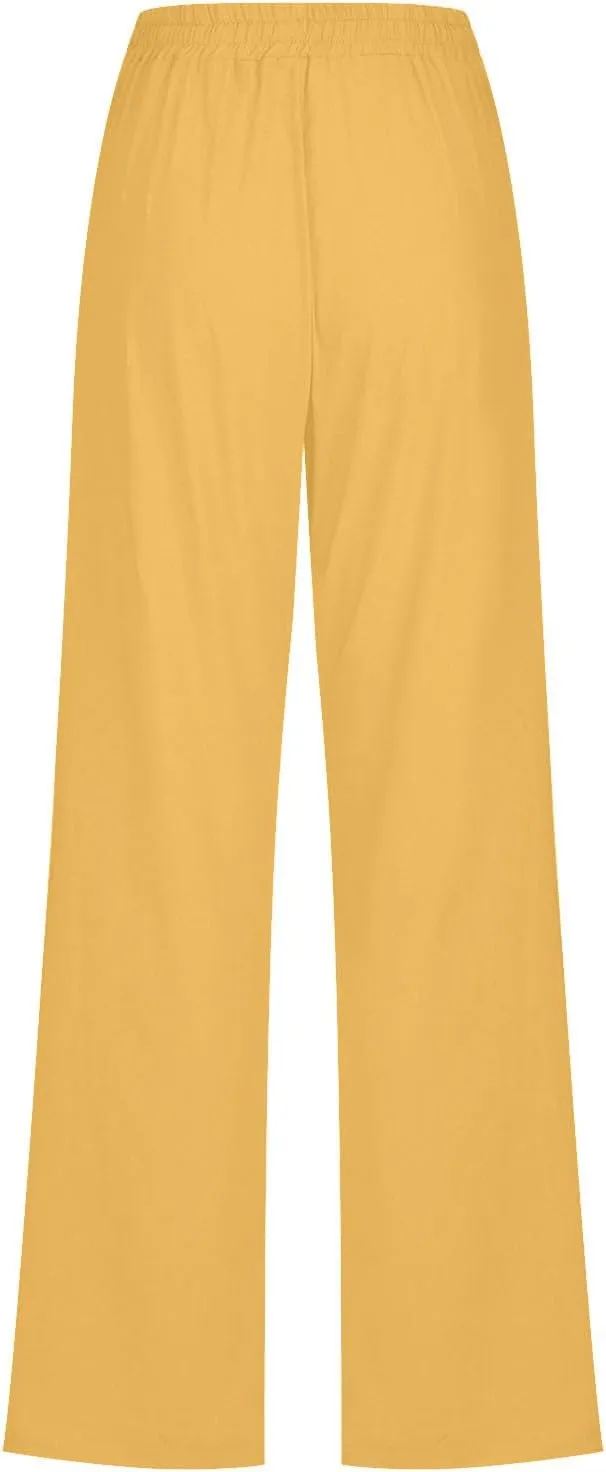 Cotton Linen Pants for Women Drawstring Straight Leg Trousers Lightweight High Waist Casual Pant Beach Travel Clothes