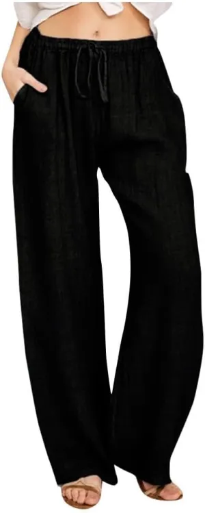 Cotton Linen Pants for Women Lightweight High Waisted Pants Tie Knot Wide Leg Pants Summer Lounge Pants with Pockets