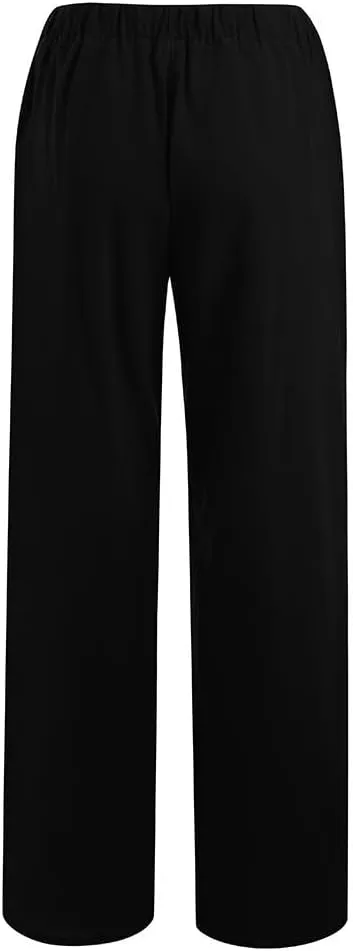 Cotton Linen Pants for Women Lightweight High Waisted Pants Tie Knot Wide Leg Pants Summer Lounge Pants with Pockets