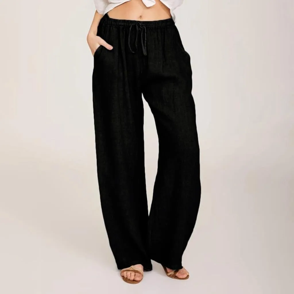 Cotton Linen Pants for Women Lightweight High Waisted Pants Tie Knot Wide Leg Pants Summer Lounge Pants with Pockets