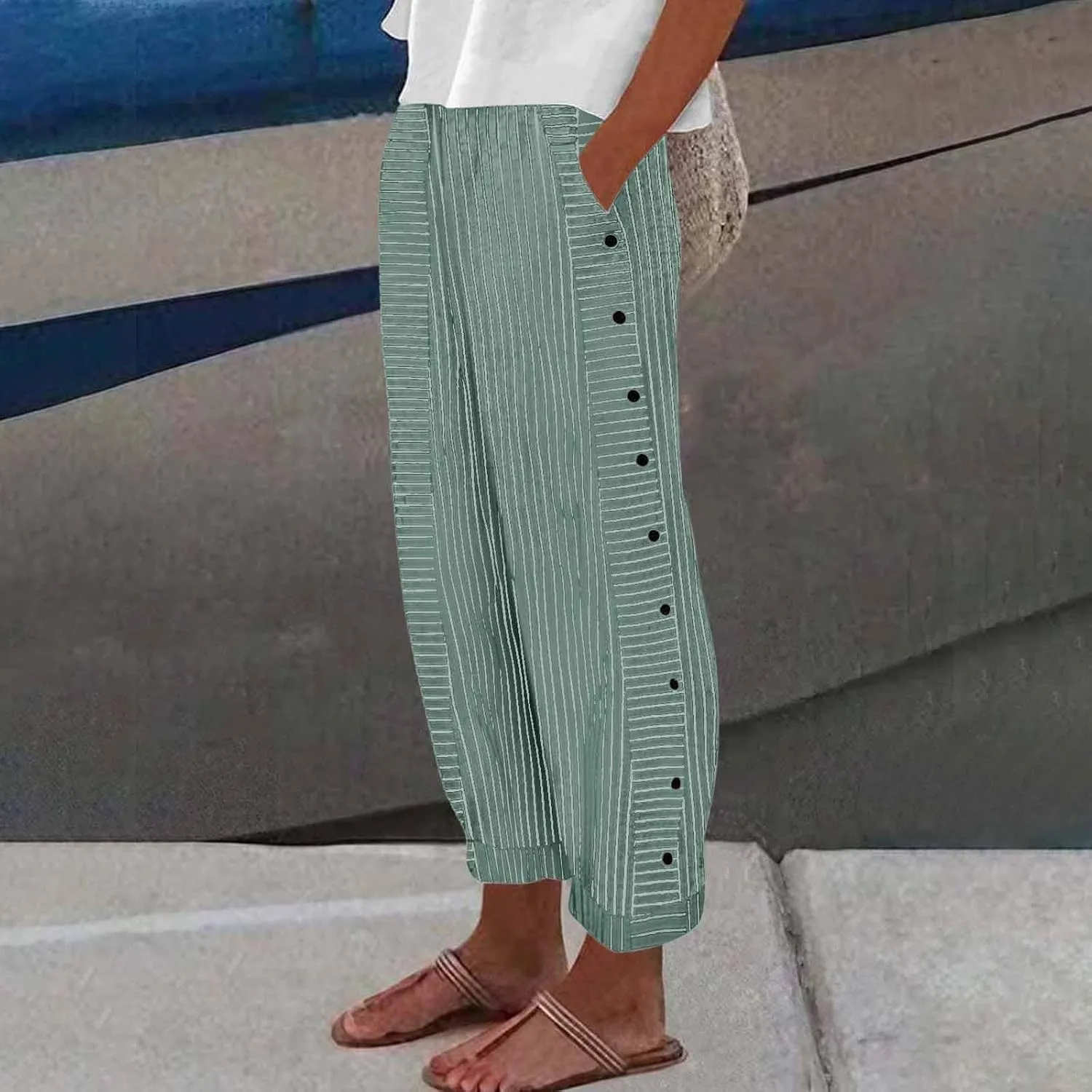 Cotton Linen Pants for Women Summer Wide Leg Elastic Straight Leg Lounge Pant Drawstring Lightweight Beach Trousers