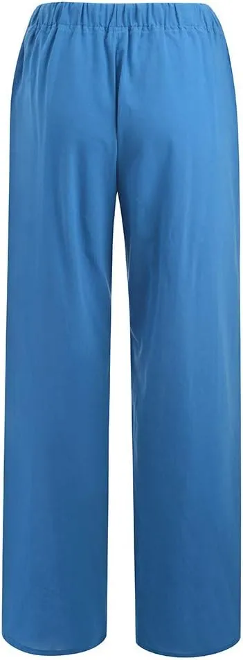 Cotton Linen Pants Women Straight Leg Casual Elastic High Waist Drawstring Work Trousers Loose Summer Palazzo Pants