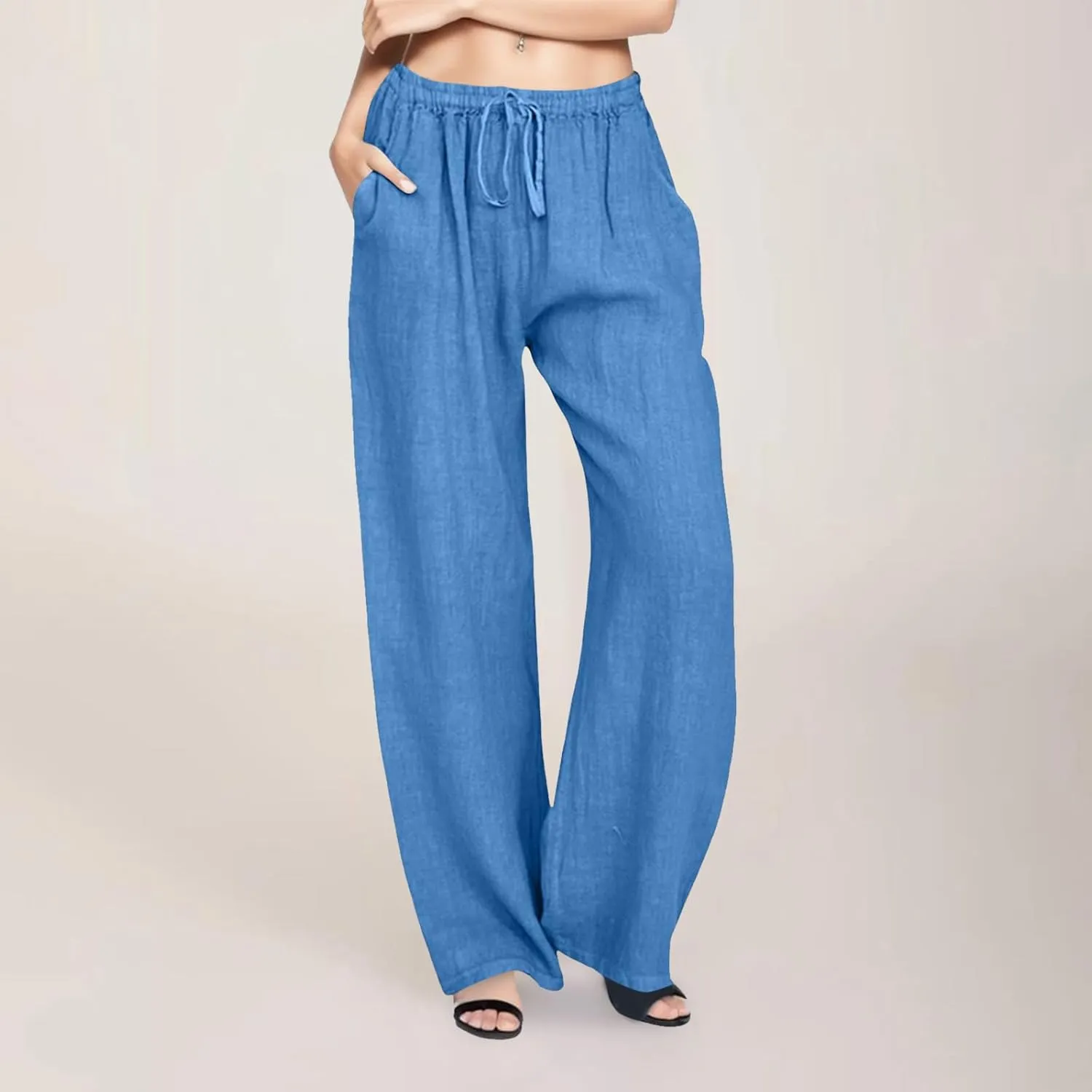 Cotton Linen Pants Women Straight Leg Casual Elastic High Waist Drawstring Work Trousers Loose Summer Palazzo Pants