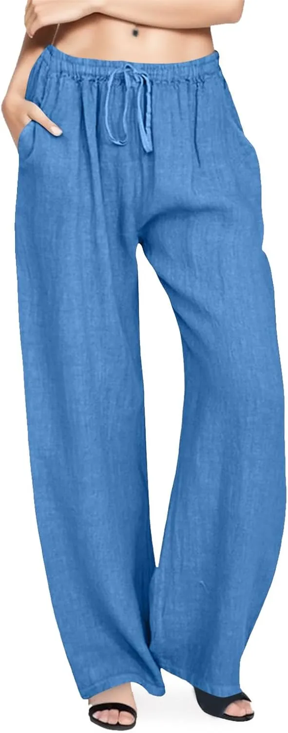 Cotton Linen Pants Women Straight Leg Casual Elastic High Waist Drawstring Work Trousers Loose Summer Palazzo Pants