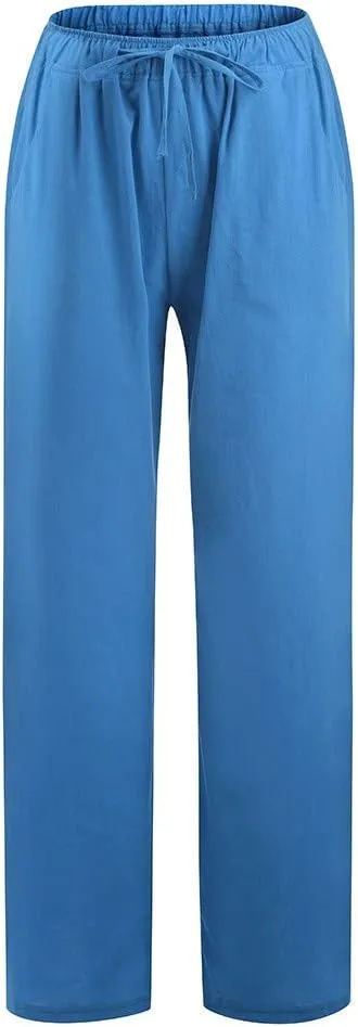 Cotton Linen Pants Women Straight Leg Casual Elastic High Waist Drawstring Work Trousers Loose Summer Palazzo Pants