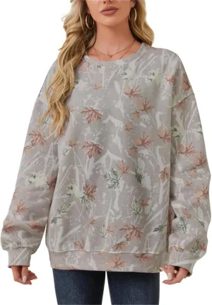 crazynekos Womens Camo Sweatshirt Maple Leaf Print Oversized Camo Crewneck Sweatshirt Fleece Pullover Hoodies Long Sleeve