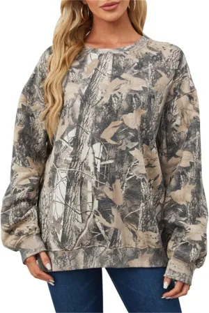 crazynekos Womens Camo Sweatshirt Maple Leaf Print Oversized Camo Crewneck Sweatshirt Fleece Pullover Hoodies Long Sleeve