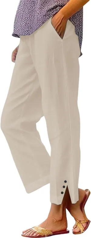 Cropped Linen Pants for Women Summer Elastic Waist Straight Leg Split Bottom Trousers Casual Beach Pants with Pockets