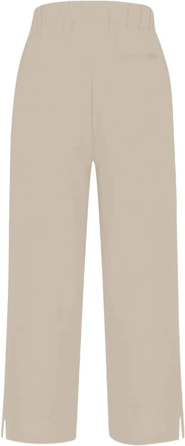 Cropped Linen Pants for Women Summer Elastic Waist Straight Leg Split Bottom Trousers Casual Beach Pants with Pockets