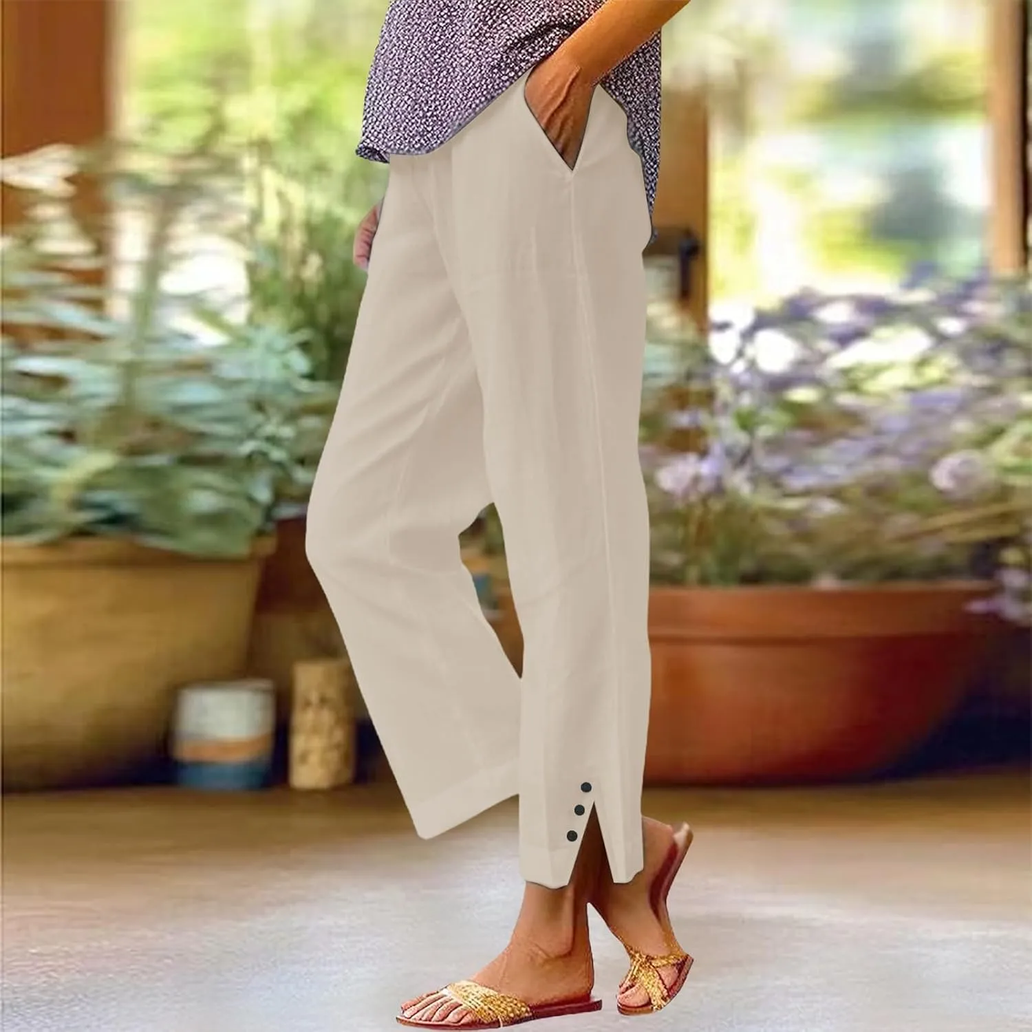 Cropped Linen Pants for Women Summer Elastic Waist Straight Leg Split Bottom Trousers Casual Beach Pants with Pockets