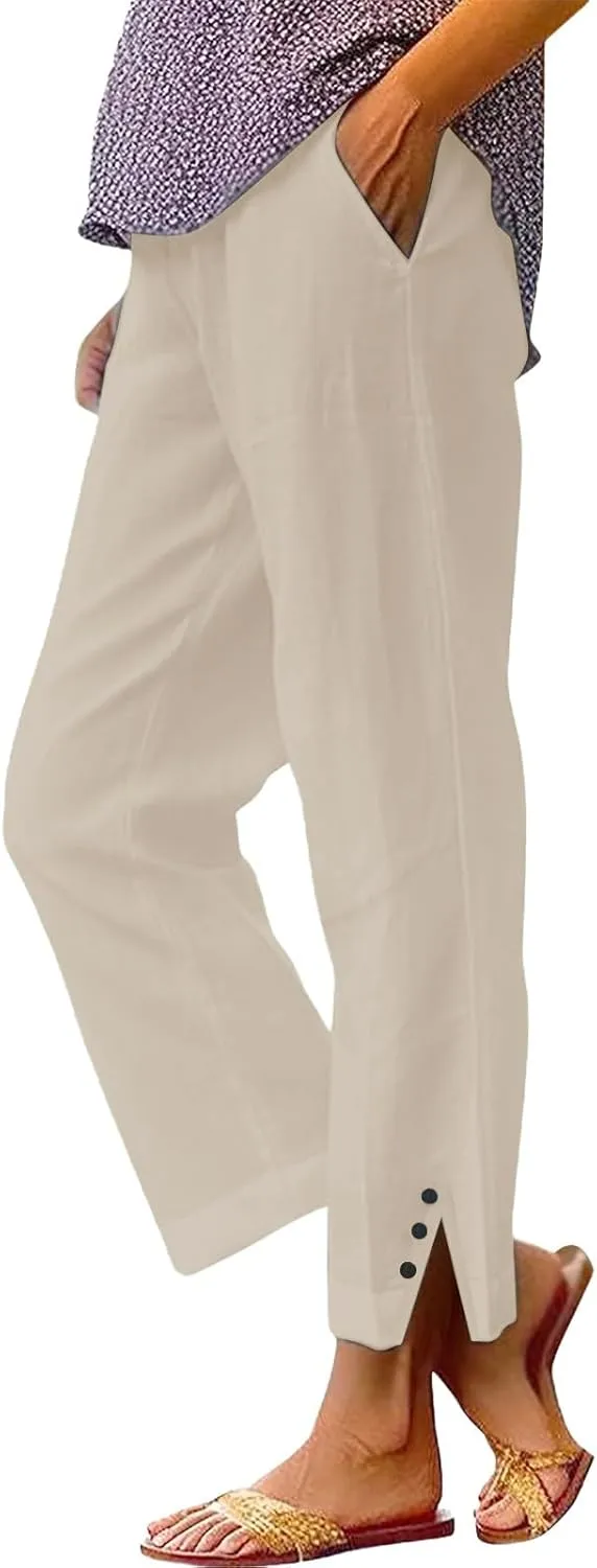 Cropped Linen Pants for Women Summer Elastic Waist Straight Leg Split Bottom Trousers Casual Beach Pants with Pockets