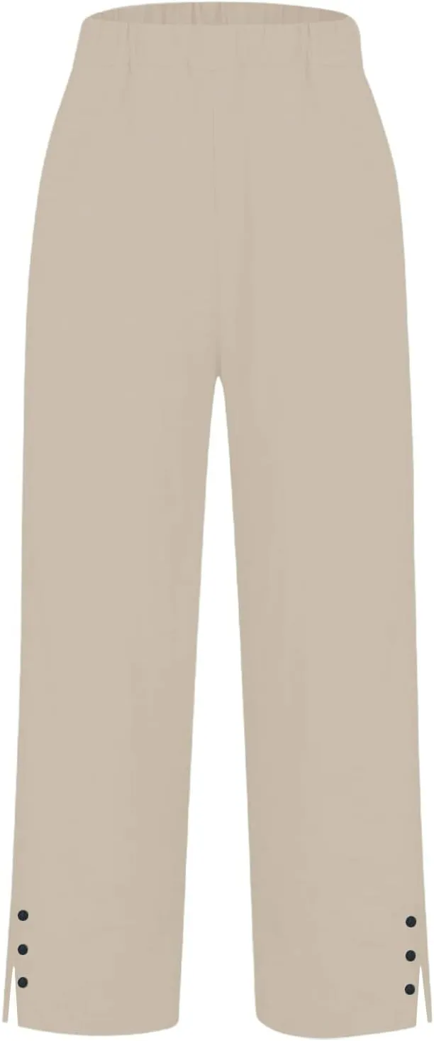 Cropped Linen Pants for Women Summer Elastic Waist Straight Leg Split Bottom Trousers Casual Beach Pants with Pockets
