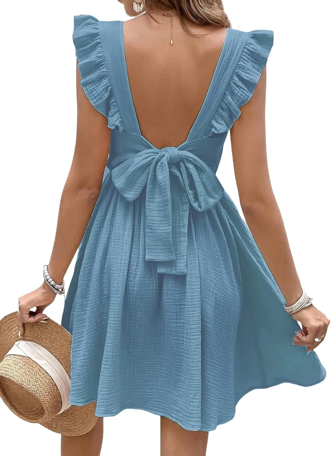 CUPSHE Women's Mini Dress V Neck Flutter Sleeve Cotton Self Tie Back A Line Short Summer Cover Up Dress