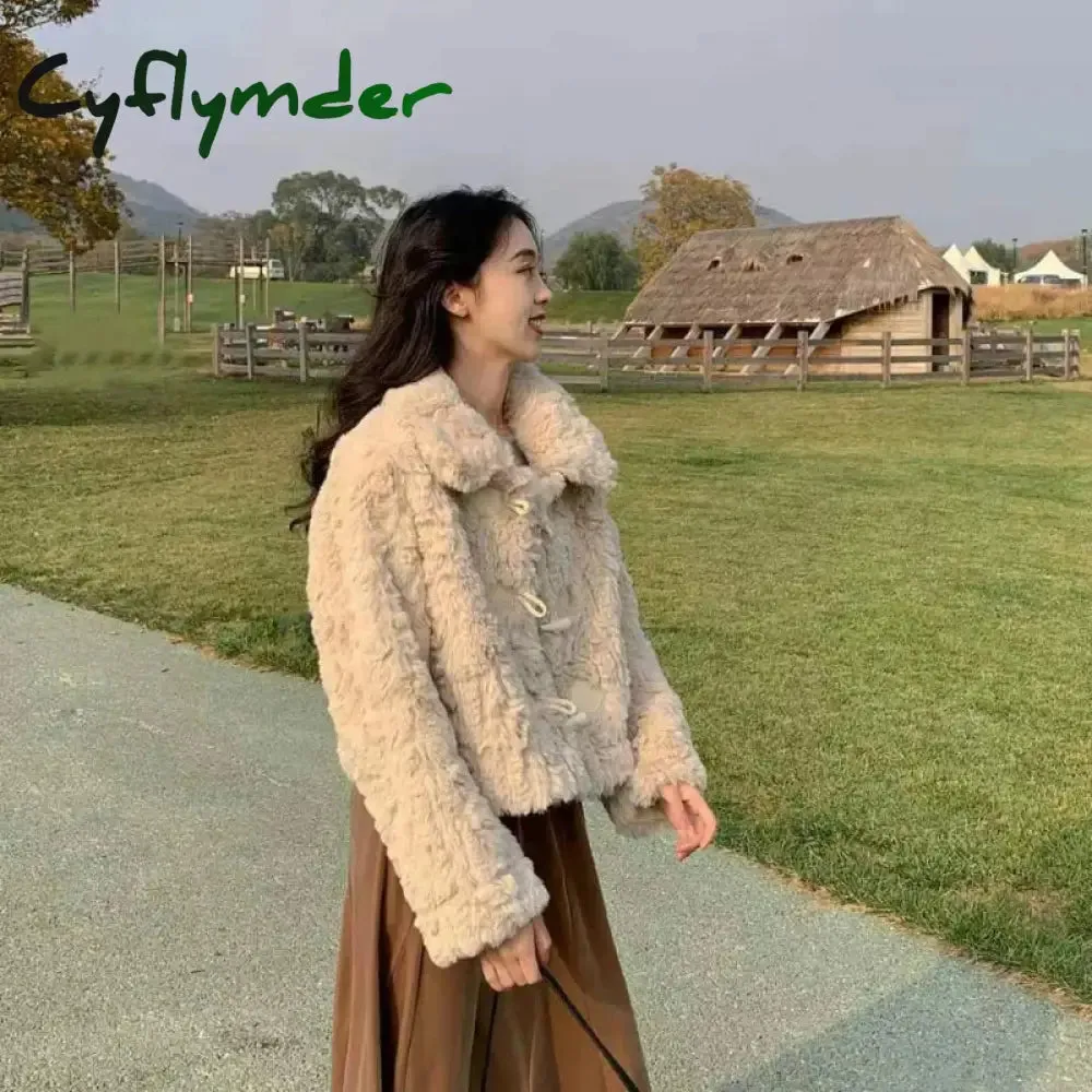 Cyflymder cold weather outfits Autumn Winter New Fashion Turn-down Collar Long Sleeve Coats Lazy Rabbit Fur Women's Clothing Warm Simplicity Button Pocket Tops