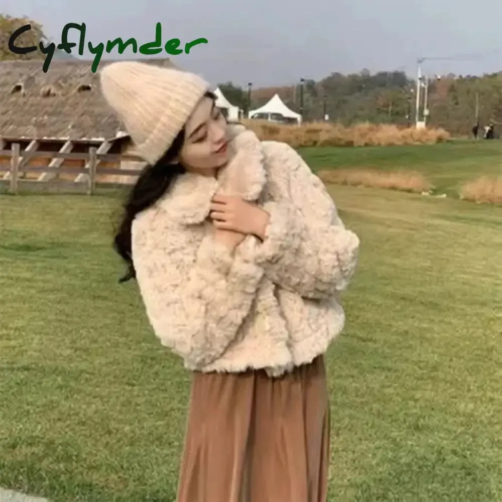 Cyflymder cold weather outfits Autumn Winter New Fashion Turn-down Collar Long Sleeve Coats Lazy Rabbit Fur Women's Clothing Warm Simplicity Button Pocket Tops