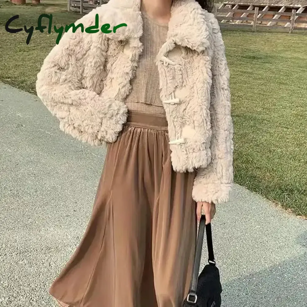 Cyflymder cold weather outfits Autumn Winter New Fashion Turn-down Collar Long Sleeve Coats Lazy Rabbit Fur Women's Clothing Warm Simplicity Button Pocket Tops