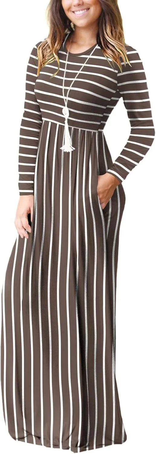 DEARCASE Women's Maxi Dress Long Sleeve Crewneck Loose Plain Casual Empire Waist Fall Party Long Dresses with Pockets