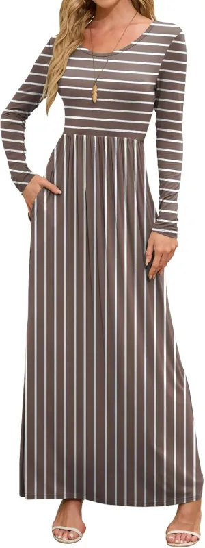 DEARCASE Women's Maxi Dress Long Sleeve Crewneck Loose Plain Casual Empire Waist Fall Party Long Dresses with Pockets