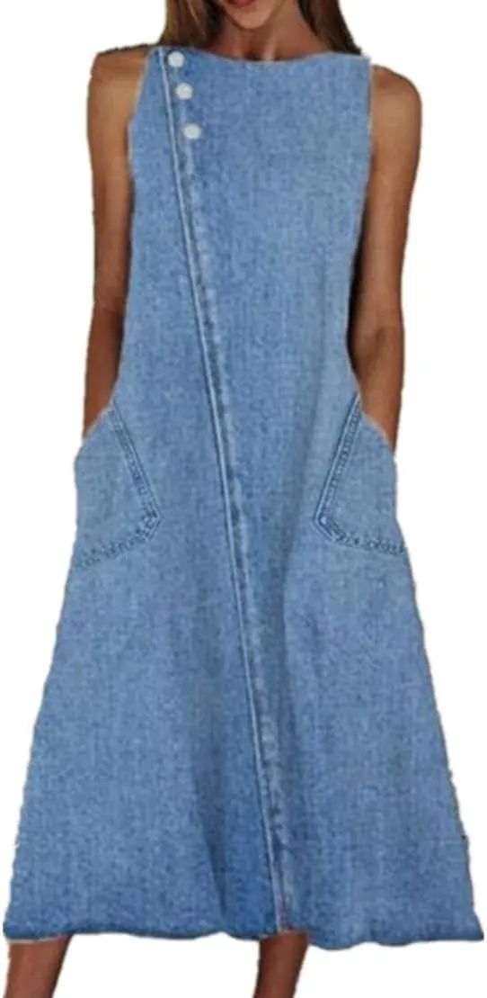 Denim Dress for Women Casual Summer Jean Dresses Midi Length Sleeveless Tank Dress with Pockets Plus Size